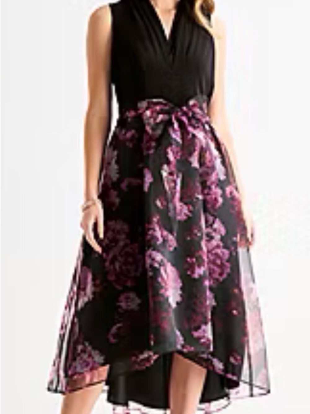 SLNY Black Dress with Pink Floral Skirt and Matching Sash